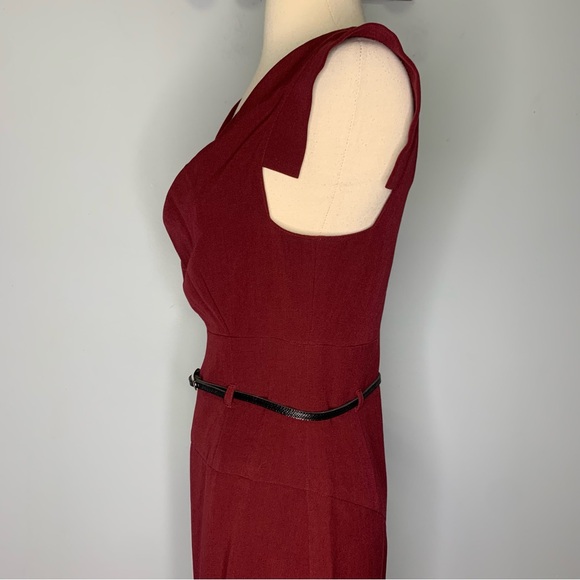 Black Halo Burgundy Jackie O Pencil Skirt Belted Sheath Dress Size M - Picture 11 of 15